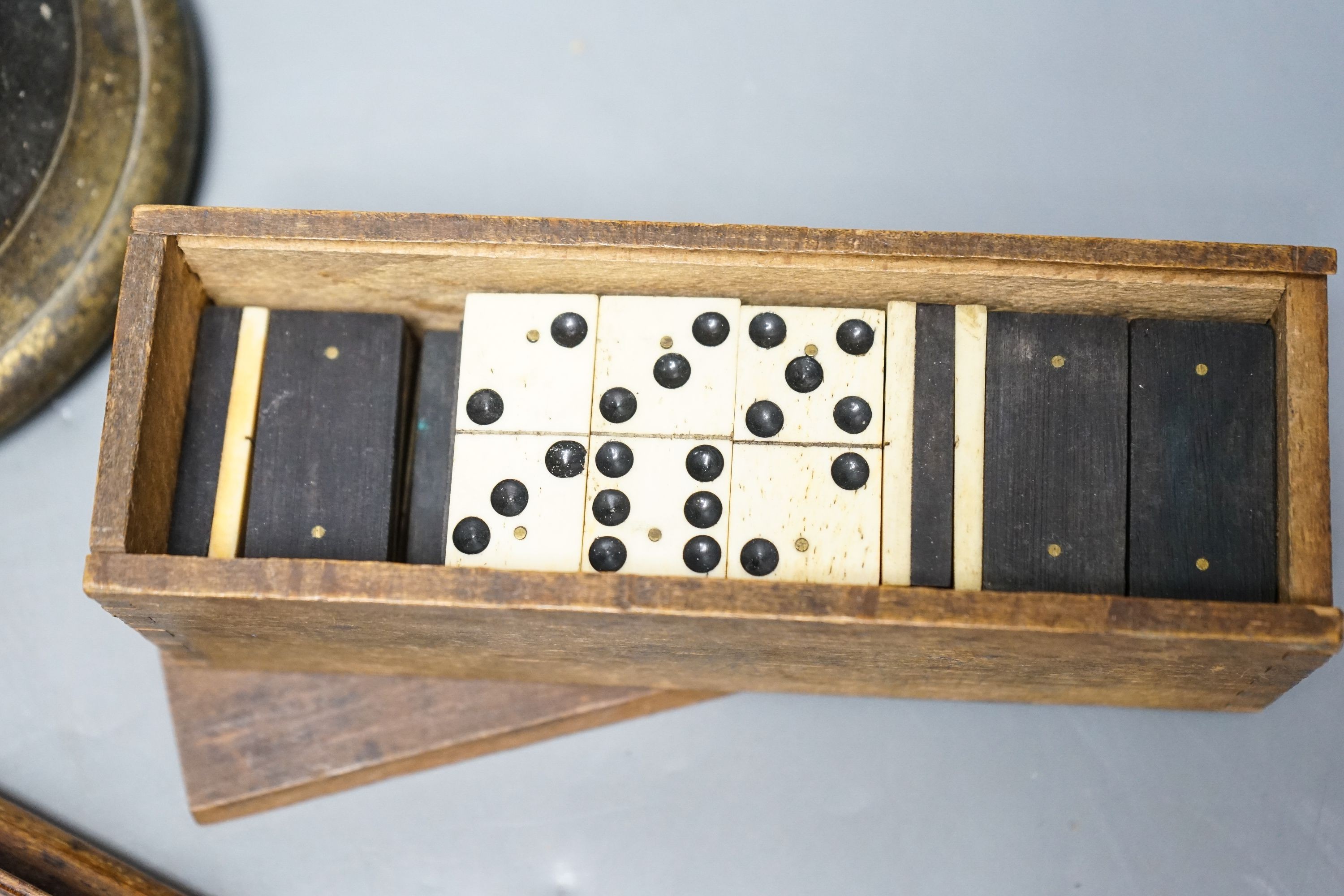 A Victorian bronze school bell, a tray and sundry items